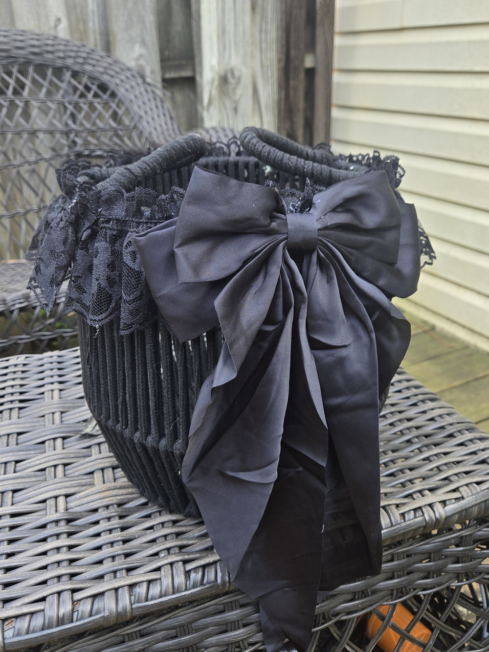 Black Gothic Lace Bow Decorative Basket Victorian Coquette 10”
